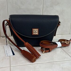 Dooney & Bourke Midnight Blue Crossbody Leather Saddle Bag with Brown Accents